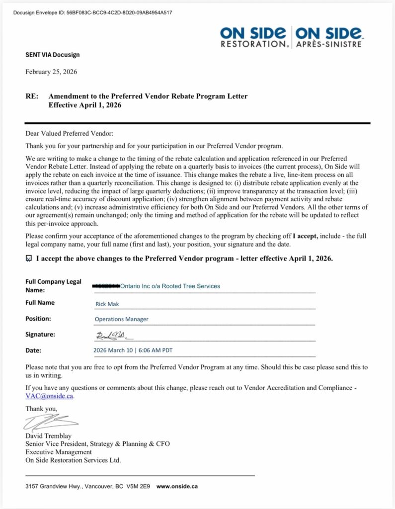 An official DocuSign agreement letter from On Side Restoration to Rooted Tree Services regarding an amendment to the Preferred Vendor Rebate Program effective April 1, 2026.