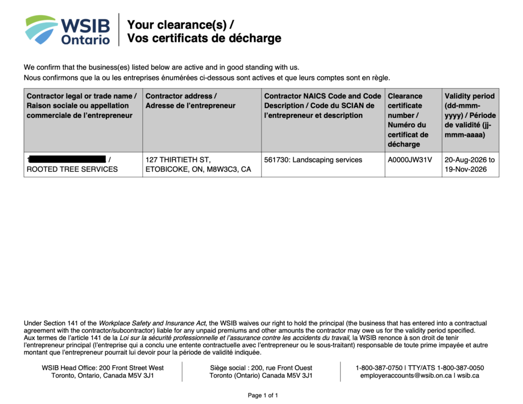 WSIB Ontario Clearance Certificate for Rooted Tree Services, confirming active standing and good account status.